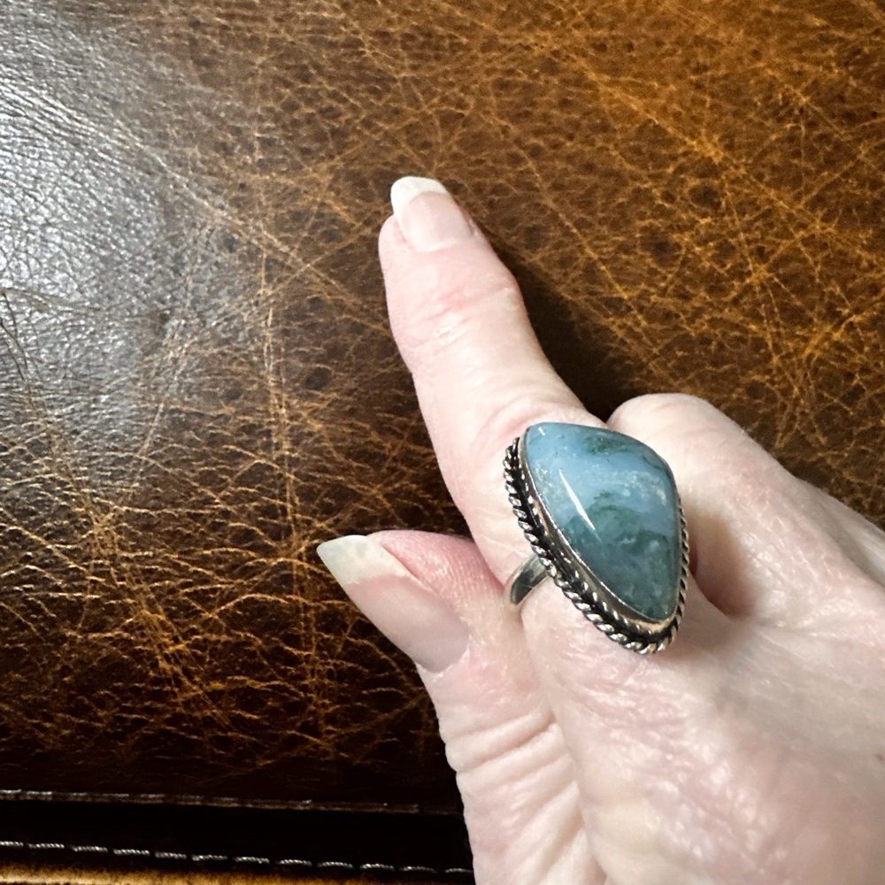 Sterling silver overlay blue gemstone Teardrop Ring with Braided Silver Border